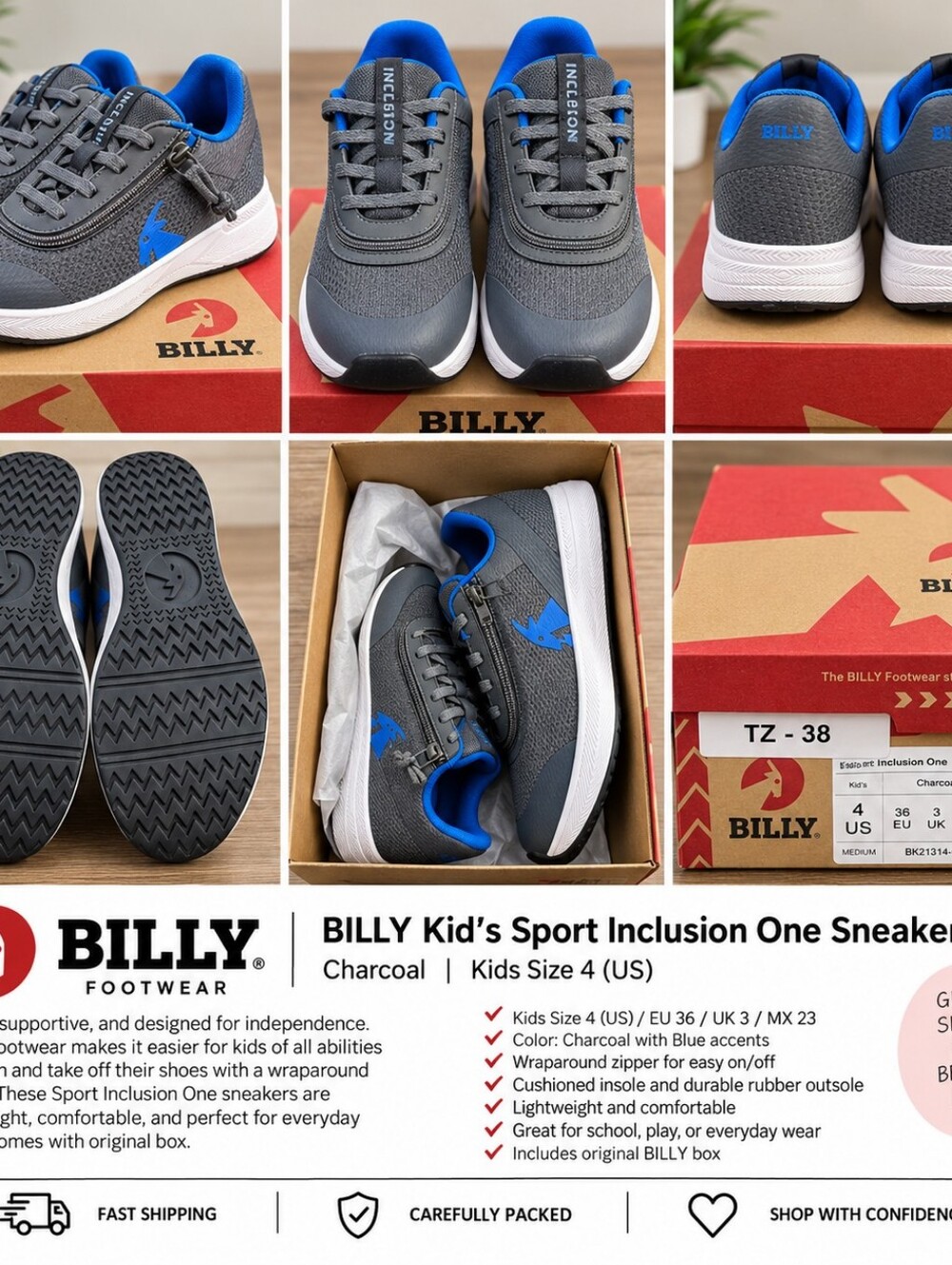 BILLY Footwear Sport Inclusion One Kids Sneakers Charcoal/Blue Size 4